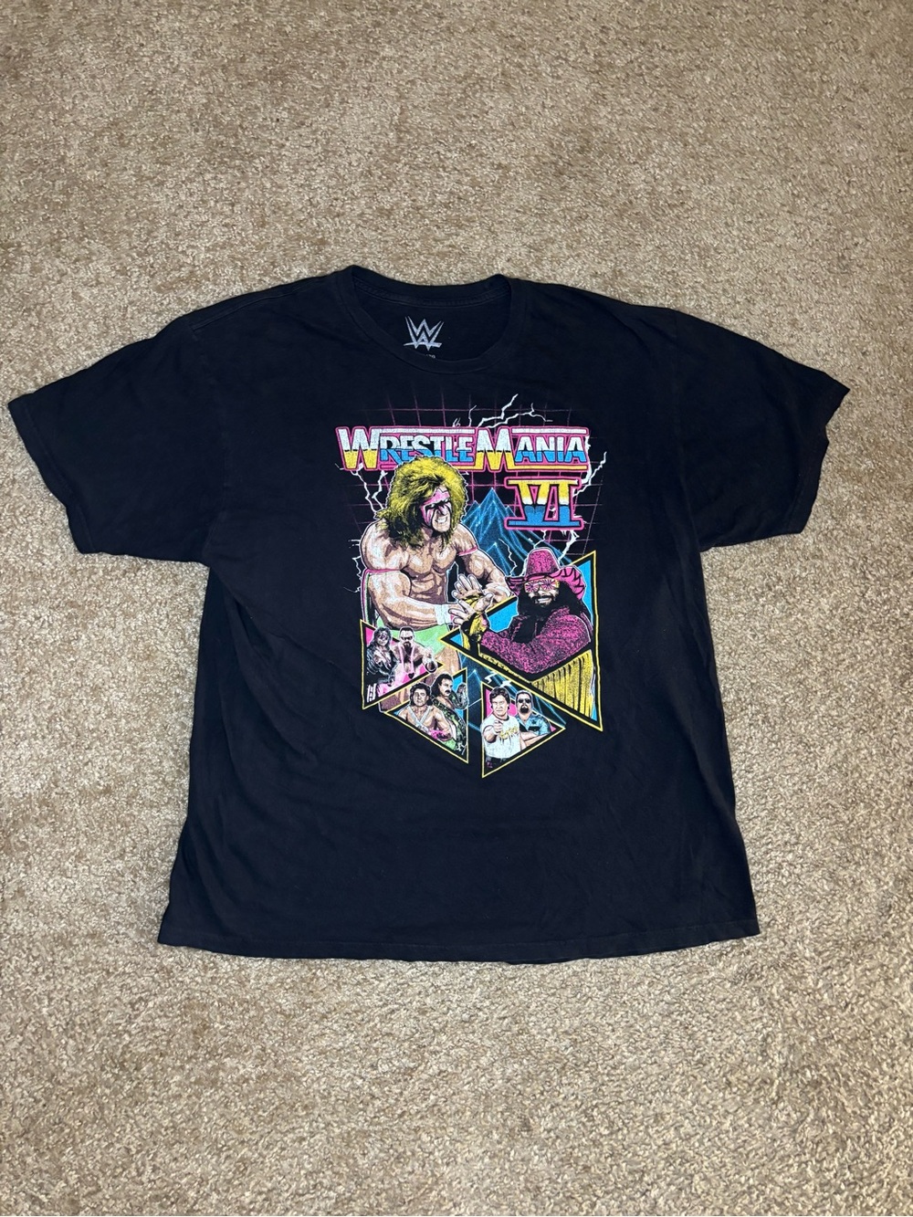 WWE Black WrestleMania VI Retro Graphic Tee with Neon Accents
